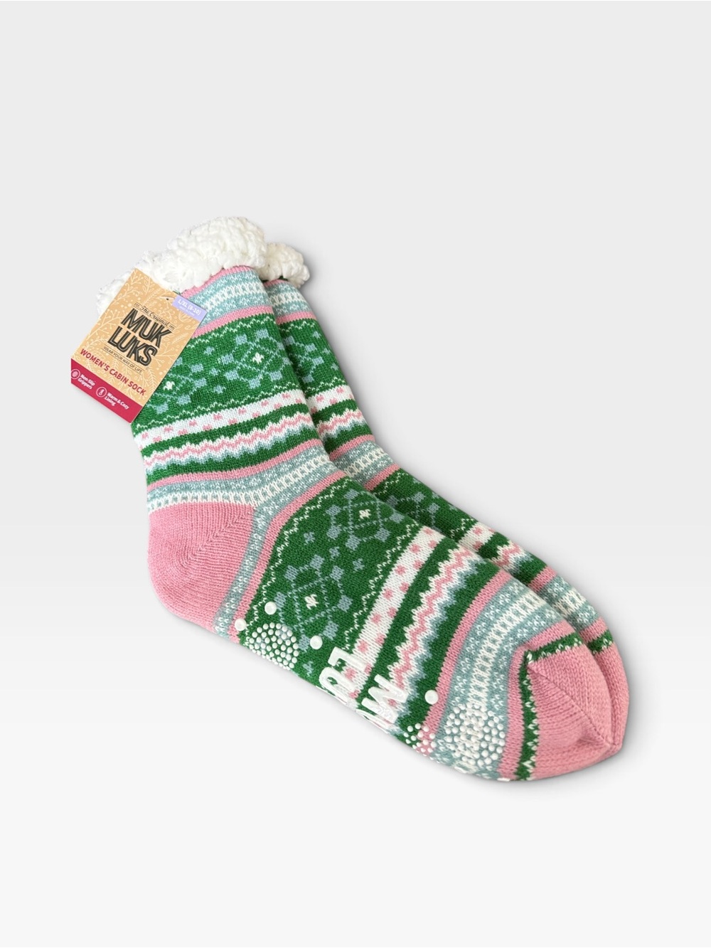 MUK LUKS Women’s Cabin Socks Green Pink Fair Isle Sherpa Lined L/XL NWT